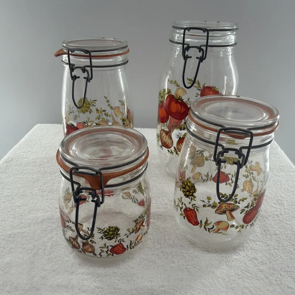 ARC France Vintage Spice Of Life Mushroom Veg Glass Canister Jar Set Of 4 1970s